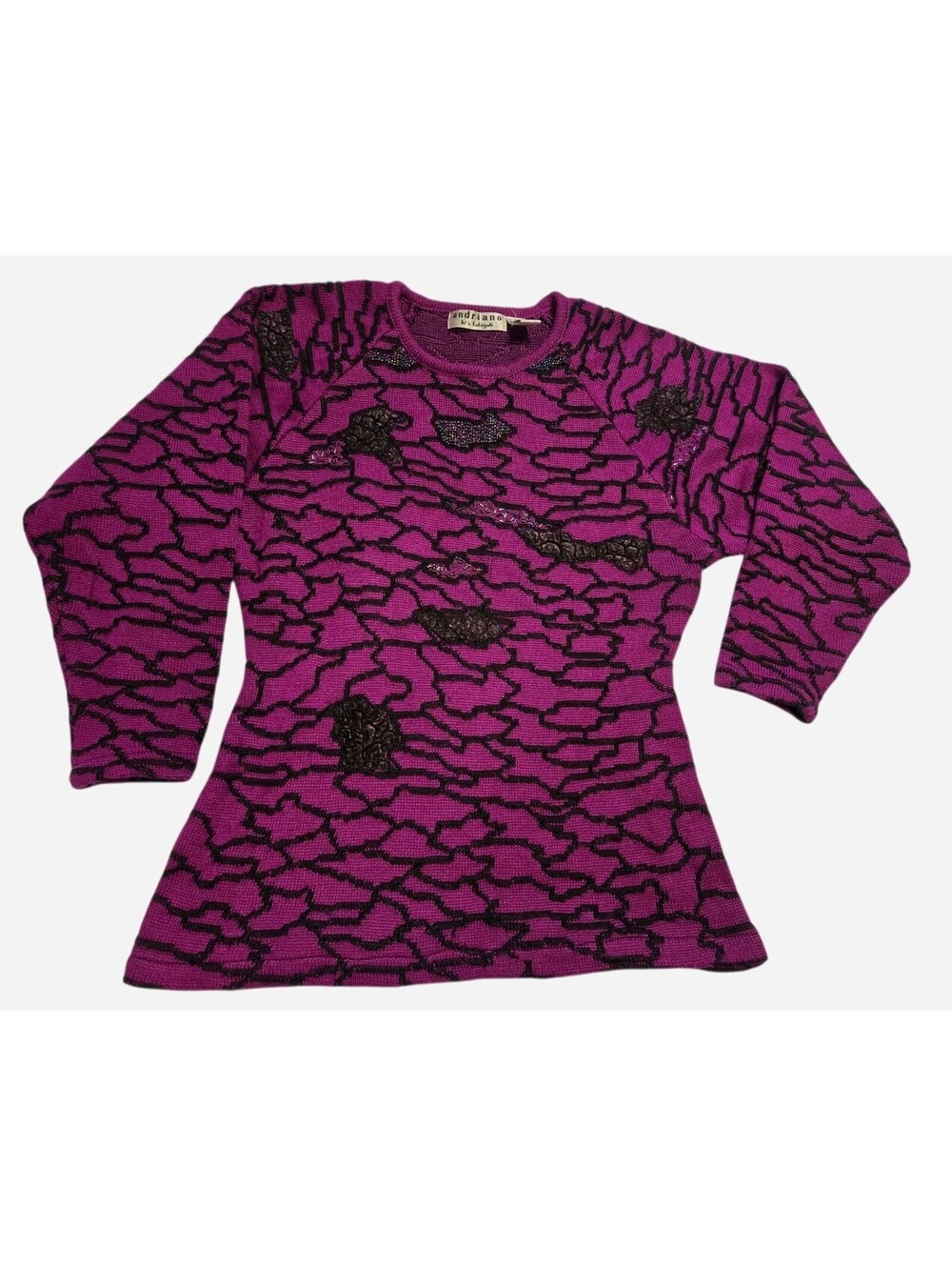 Vintage 1980s Andriano Sweater Magenta Black Textured Knit Embellished